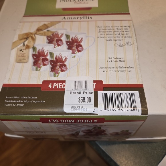 Paula Deen Set Of 4 Mugs Floral Amaryllis NOS Box 11 Oz - Picture 7 of 9